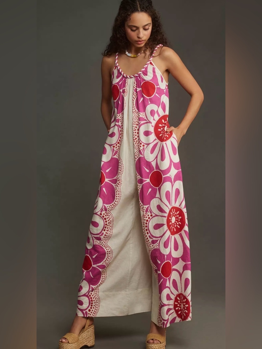 Farm Rio Maia Linen Jumpsuit Bold Floral Fuchsia & Red Size Small
